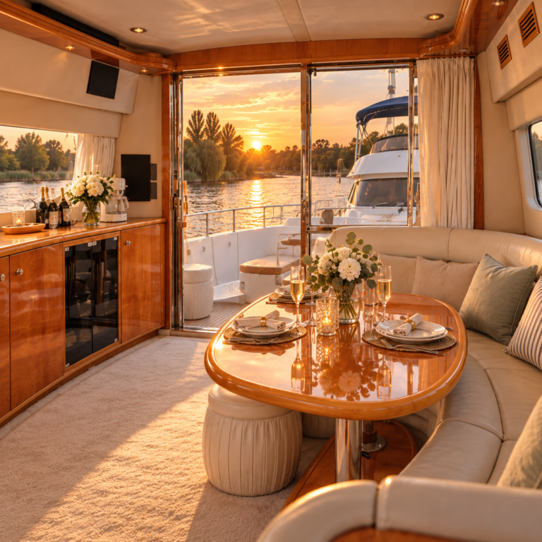 Living del yate con tapizados claros y mesa de madera al atardecer