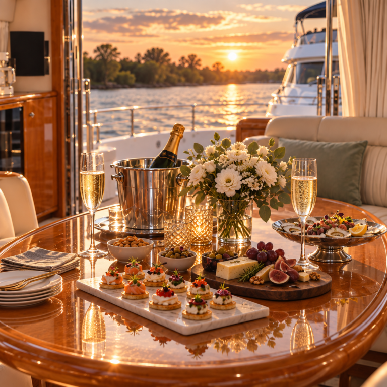 Mesa de gastronomía a bordo con bocados y copas al atardecer