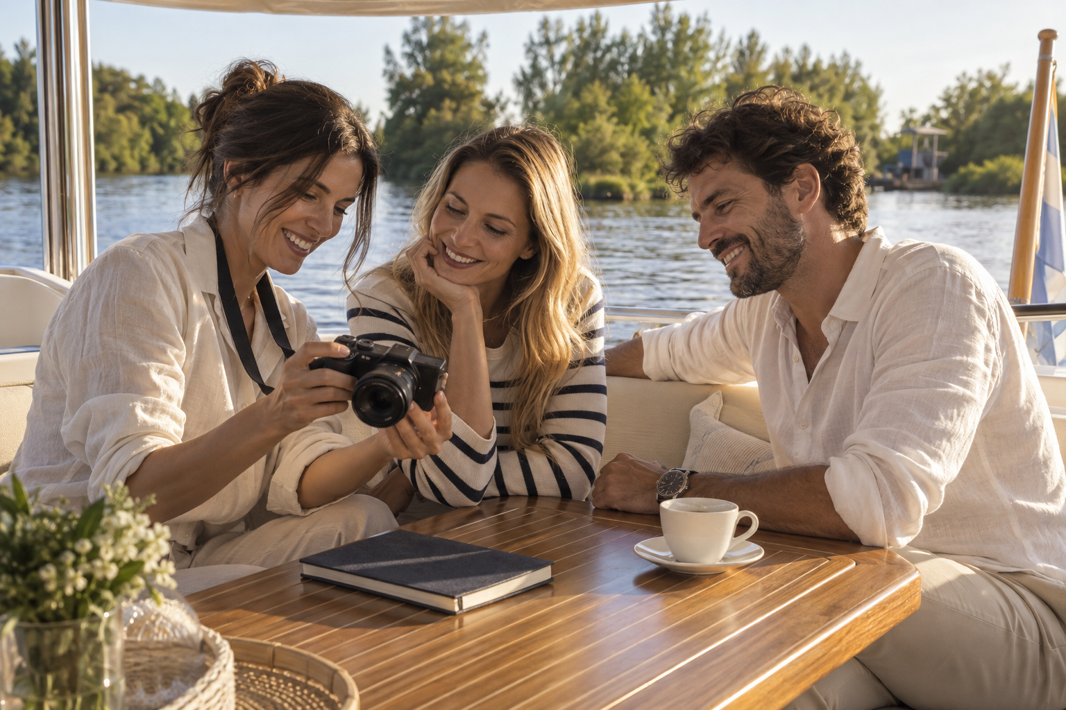 Escena conceptual de tres personas compartiendo fotografías e ideas en la cubierta de un yate